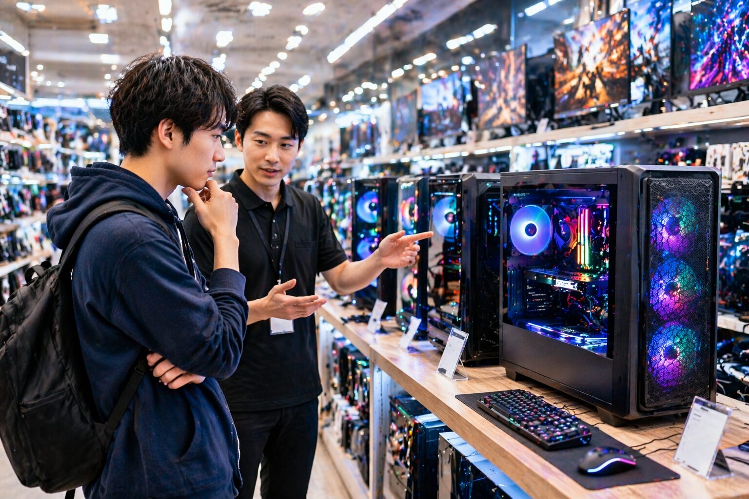 家電量販店でゲーミングPCを見ているイメージ画像